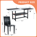 Table and chair set.71*35.4 inch White And Black Spliced Dining Table With Storage Function In The Middle Of The Table Legs.Paired With 8 Black PU Dining Chairs, Simple And Versatile.