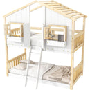 Twin over Twin House Bunk Bed with Roof, Window, Window Box, Door, with Safety Guardrails and Ladder, Natural/White