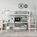 Queen Size Loft Bed with L-shaped Desk and USB, Metal Loft Bed with Wardrobe and Adjustable Shelf, High Loft Bed with LED for Kids Teens Adults, White