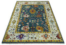 Traditional Floral Teal, Ivory and Mustard Hand Knotted Oriental Oushak wool Area Rug