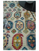 Eclectic Vibrant Colorful Ivory And Teal Traditional design Hand knotted Wool Area Rug