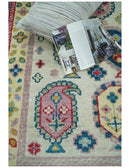 Eclectic Vibrant Colorful Ivory And Teal Traditional design Hand knotted Wool Area Rug