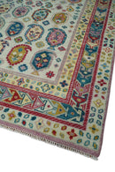 Eclectic Vibrant Colorful Ivory And Teal Traditional design Hand knotted Wool Area Rug