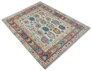 Eclectic Vibrant Colorful Ivory And Teal Traditional design Hand knotted Wool Area Rug