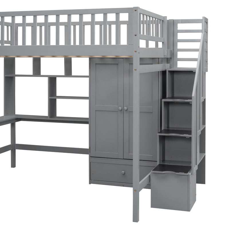 Full size Loft Bed with Bookshelf,Drawers,Desk,and Wardrobe-Gray