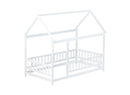 Twin Size House Floor Wooden Bed with Roof Frame,Safety Guardrails,White