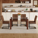 Table and chair set.A 49.6*30 Inch Transparent Tempered Glass Dining Table With Walnut Wood Grain MDF Legs.Paired With 4 Ergonomic Brown Technology Fabric Dining Chairs,Black Metal Legs.