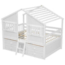 Full Size House Loft Bed with Roof, Windows,4 Storage Drawers,Pine Wooden Bed with Safety Guardrails,Ladder,White