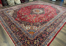 Large Persian Kashan Rug 11x14, Traditional Persian Carpet, Wool, Fine 250 KPSI, Red Navy Blue
