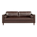 Mirod Mid-Century Modern PU Leather 3-Seat Sofa, Tufted Design, Solid Wood Legs, 2 Bolster Pillows, Comfortable Couch for Living Room & Home Office