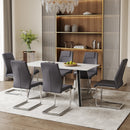 Table and chair set.63'x31.5x30' Luxurious Snow Mountain Patterned Sintered Stone Table with Silver Metal Butterfly Legs.Paried With 6 Dark Gray High-quality PU Chairs With Arched Metal Legs.