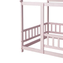 Twin Size House Floor Wooden Bed with Roof Frame,Safety Guardrails,Pink