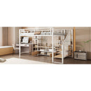 Full Size Metal Loft Bed with Staircase,Low Storage Table and Storage Shelves,White