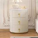 Upholstered Nightstand with 3 Drawers, Round Bedside Table with Metal Handles,Marbling Stickers Top Night Table for Bedroom, Fully Assembled Except Handles, Beige