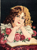 Small Persian Tabriz Pictorial Rug of Young Girl, Very Fine 380 KPSI, Portrait of Young Lady with Roses, Handmade, Persian Rug for Wall Hanging