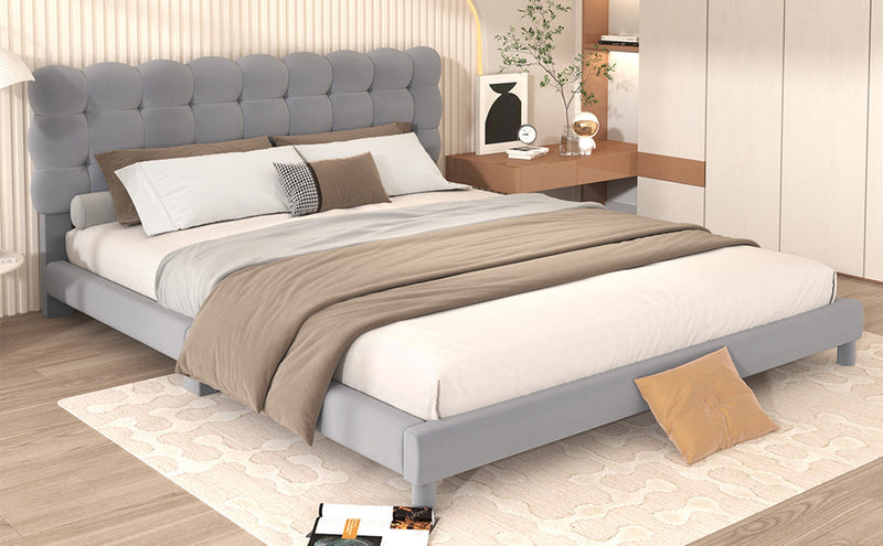 Queen Size Upholstered Platform Bed with Soft Headboard,Gray