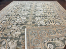 Spanish Rug 11x14, Wool Hand Knotted Vintage Carpet, Olive Green and Beige, Floral Allover, European Design, 11 x 14 Rug