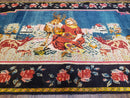 Antique Persian Pictorial Rug 4'6" x 9', Wool Hand-Knotted Blue Roses Karabagh Caucasian Carpet, 1920s Girl Deer Tapestry Wall Hanging Rug