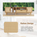 Rattan TV Stand with 2 Cabinets & 2 Open Shelves, Rattan-inspired Media Console Table for TVs up to 80", Entertainment Center with Solid Wood Legs, TV cabinet for Living room, Bedroom, Home Theatre