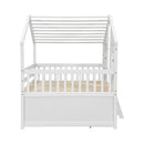 Full Size House Loft Bed with Roof, Windows,4 Storage Drawers,Pine Wooden Bed with Safety Guardrails,Ladder,White