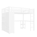 Queen Size Loft Bed Frame with Built-in Wardrobe, Metal Loft Bed with Desk and Storage Shelves, White