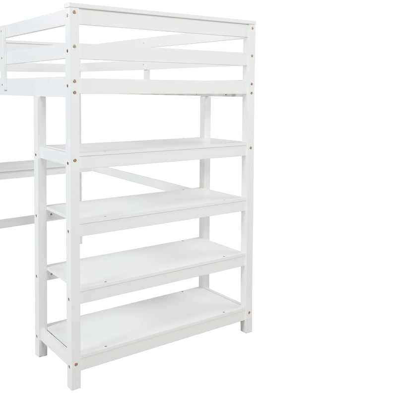 Twin Loft Bed with desk, ladder, shelves, White