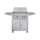 Stainless steel grill with storage drawers on a white background
