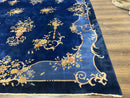 Blue Chinese Art Deco Rug 9x12, Vintage Antique Chinese Wool Rug, Chinese Fette Rug