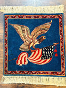 Pictorial Rug of American Flag with Bald Eagle, Small Indo Persian Pictorial Rug, Blue, Handmade, Very Fine 330 KPSI