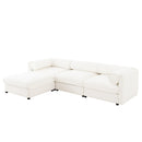 Contemporary White Chenille L-Shaped Sofa with Storage and Ottoman, 3-Seater Cylindrical Backrest