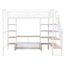 Full Size Metal Loft Bed with Staircase,Low Storage Table and Storage Shelves,White