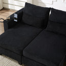 Convertible Chaise Lounge 63' Loveseat Sofa Bed with USB Ports, Cup Holders, Phone Holder & Storage, Black Corduroy