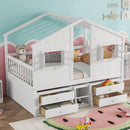 Full Size House Loft Bed with Roof, Windows,4 Storage Drawers,Pine Wooden Bed with Safety Guardrails,Ladder,White