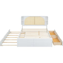 Queen Size Rattan Headboard Bed with Two Drawers and Trundle, White