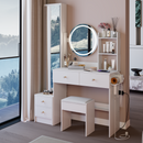 Full Body Mirror Cabinet + Round Mirror LED Vanity Table + Cushioned Stool, With 2 AC + 2 USB Power Station,17' diameter LED Mirror, Touch Control, 3-color, Brightness adjustable, Large Desktop