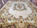 Aubusson Rug 10x14, Elegant French European Design, Vintage Handmade Carpet with Pile, Beige Floral Dining Room Rug, Living Room, Soft Wool