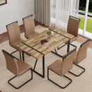 Table and chair set.A minimalist retro rectangular dining table with a textured top and black metal legs.Paired With 6 Brown technology fabric chairs with Featuring arched black legs.
