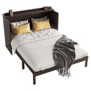 Queen Size Murphy Bed, Pine Wood Cabinet Bed with Power Station and Rattan Decoration Panel,Espresso