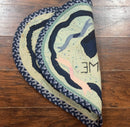 Small American Hooked Rug, Vintage Welcome Mat, Heart Shaped, Ivory and Blue