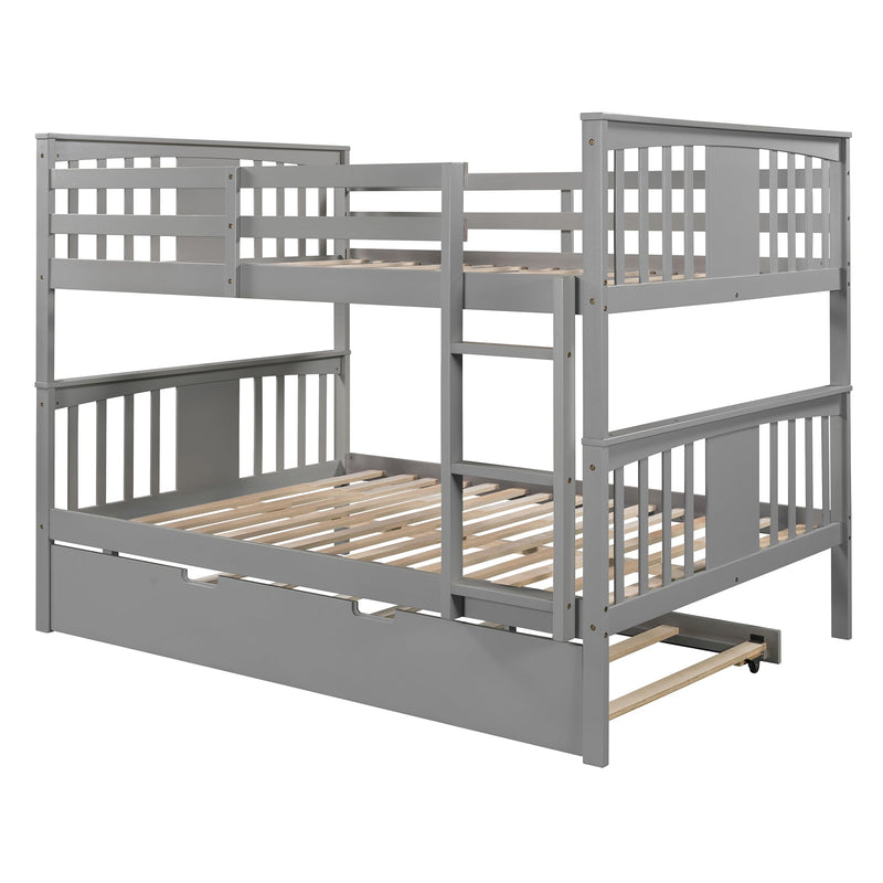 Full over Full Bunk Bed with Twin Size Trundle and Ladder-White