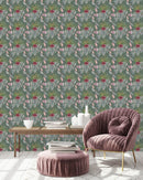 Green Wallpaper with Roses