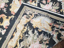 Vintage Black Aubusson Area Rug 8x10, Large Flowers Chinese Aubusson Carpet 7.9 x 10, Wool Hand-Knotted Floral Pattern Flat Weave Rug Nice
