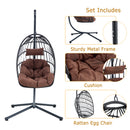 Indoor Outdoor Egg Swing Chair with Stand, Patio Grey Wicker Rattan Hanging Chair with Rope Back, Cushion,Cover,All Weather Foldable Hammock Chair for Bedroom, Porch, Garden