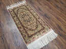 Silk Oriental Rug 1' 7" x 3', Very Fine Silk Carpet, Small Silk Rug, Traditional Floral Medallion, Hand-Knotted Cream Beige Vintage Silk Rug