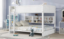 Queen Over Queen Bunk Bed with Built-in Storage Cabinets,Charging Station,Ladder,Safety Guardrails,Solid Pine Wood Bunk Bed,White