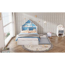 Full Size House-Shaped Bed with Bookcase Headboard and Led Light and Twin Size Trundle for Kids Boys Girls, Blue+ White