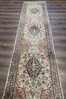 Silk Indian Kashmiri Runner Rug 2.7 x 9.8, Floral Medallions