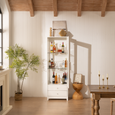 Modern Upholstered Glass Display Cabinet with Adjustable LED Light in White, 71'' Tall