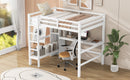 Full Size Loft Bed with Multifunction Shelves and Under-bed Desk, White