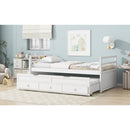 Twin Size Bed with Headboard, Footboard, Trundle and Three Storage Drawers, Twin Size Pine Wood Bed with Headboard, Footboard,White